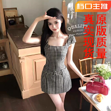 批发画解WAHJU 典雅女神 夏季新款复古法式<b class='q'>格子</b>设计显瘦短袖<b class='q'>连衣裙</b>女