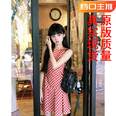 批发小个子气质红色<b class='q'>格子</b>无袖<b class='q'>连衣裙</b>子女夏季收腰显瘦海边度假背心短裙