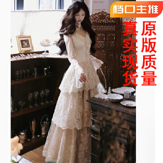 批发法式复古轻<b class='q'>婚纱</b>三层塔<b class='q'>蕾丝</b>蛋糕裙重工荷叶V领长裙气质大裙摆裙