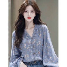 批发秋季新款绝美独特淑女宽松慵懒气质森系蓝色<b class='q'>碎花</b>长袖<b class='q'>衬衫</b>上衣