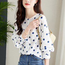 批发波点印花圆领雪纺衫女优雅别致上衣宽松显瘦灯笼袖<b class='q'>衬衣</b>
