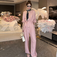 批发秋季新款时尚亚麻连体衣裤女神范V领收腰显瘦阔腿裤女