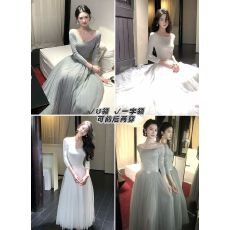 批发从一时刻miu系芭蕾一字肩网纱<b class='q'>连衣裙</b>女初秋氛围感穿搭长裙子