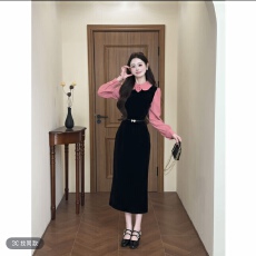 批发如楚颜七七娃娃领撞色丝绒拼接收腰<b class='q'>连衣裙</b>韩系<b class='q'>可爱</b>风