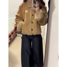 批发复古加绒加厚麂皮棉衣<b class='q'>外套</b>女冬季2025新款小个子翻领保暖短款上衣