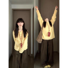 批发奶黄色圆领套头针织衫毛衣女早秋季慵懒宽松休闲长袖裤子套装两件