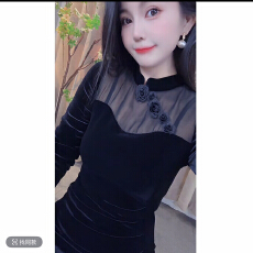 批发玫瑰扣复古港风中长裙<b class='q'>旗袍</b>名媛长袖修身小众裙子黑色气质<b class='q'>连衣裙</b>