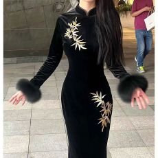 批发画报夫人原创自制高级金竹刺绣水貂领<b class='q'>旗袍</b> 丝绒金竹