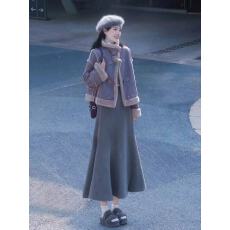 批发秋冬季新款 紫色牛角扣麂皮绒皮毛一体加厚短款外套女套装