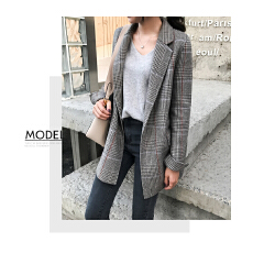 批发新款格纹西服chic复古宽松中长款羊毛呢<b class='q'>格子</b><b class='q'>小西装</b>外套女