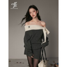 批发Moster Timnyt165原创一字肩蝴蝶结厚款连衣裙氛围感针织长袖毛衣