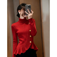 批发红色<b class='q'>荷叶边</b>高领<b class='q'>毛衣</b>女秋冬小众设计感高端超好看气质掐腰针织上衣