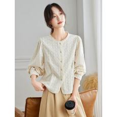 批发纯棉蕾丝花边圆领长袖<b class='q'>衬衫女</b>2025秋季新款法式全棉洋气女士上衣