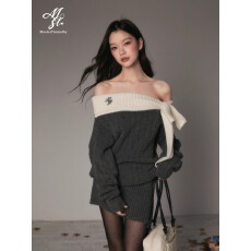 批发Moster Timnothy原创一字肩<b class='q'>蝴蝶结</b>厚款<b class='q'>连衣裙</b>氛围感针织长袖毛衣