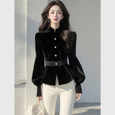 批发今年爆款气质黑色丝绒上衣女春秋新款小众设计感收腰内搭衬衣