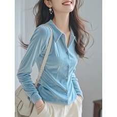 批发秋季韩系独特别致小衫高级感超好看上衣洋气减龄绝美蓝色丝绒衬衫