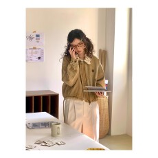 批发R59 Lace复古卡其千金酷飒风短款<b class='q'>夹克</b><b class='q'>外套</b>女秋小个子宽松水洗牛仔