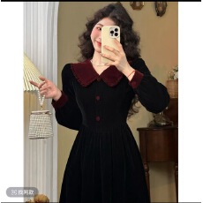 批发肖夫人酒心可可法式<b class='q'>复古</b>港风长袖蕾丝收腰显瘦女连衣裙秋冬气质