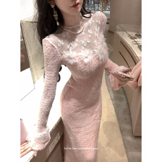 批发Sun雅乔温柔乡网纱蕾丝拼接毛绒针织长袖<b class='q'>连衣裙</b>