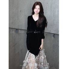 批发Liixu法式长袖<b class='q'>连衣裙</b>女2025新款高级感气质拼接网纱长裙子配腰带