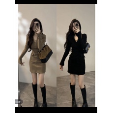批发大婷婷新款V领假口袋短裙设计感时髦显瘦<b class='q'>秋</b>冬女装连衣裙