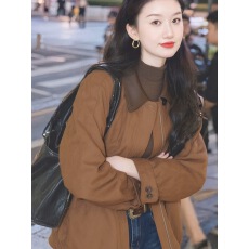 批发韩系棕色撞色翻领夹克外套女2025秋季新款独特漂亮百搭<b class='q'>棒球</b>服上衣