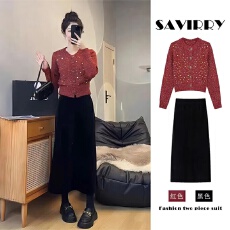 批发小香风红色连衣裙子<b class='q'>女</b>冬季2026新年本命年过年服战袍圣诞两件套装