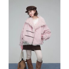 批发ONEOFUUU 小个子 粉绒绒两面派~ 气质对扣双面穿夹克毛毛短外套