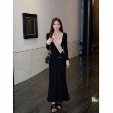 批发全能女主甜心月神冬季加绒气质V领珍珠拼接收腰显瘦<b class='q'>连衣裙</b>