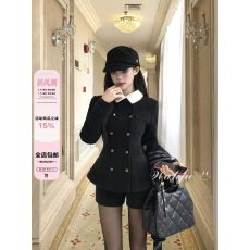 画解WAHJU 绘里子 冬季千金英伦风双排扣设计翻领拼接毛呢外套女