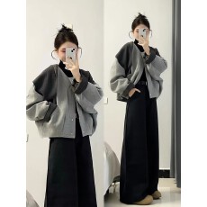 批发巨好看的秋冬装一整套撞色韩系高级感毛呢<b class='q'>棒球</b><b class='q'>服外套</b>阔腿裤套装女