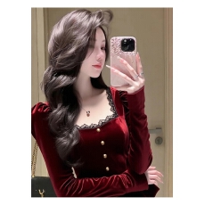 批发红色丝绒衬衫女秋<b class='q'>冬</b>高级感轻奢减龄洋气独特漂亮掐腰法式小资上衣