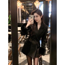 批发黑色<b class='q'>西装</b>毛呢外套<b class='q'>女</b>秋冬季新款收腰环保毛加厚夹棉毛呢大衣