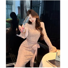 批发凌茜恣禾蕴意国风新中式粉黄丝鱼尾裙温婉优雅修身显瘦旗袍裙子