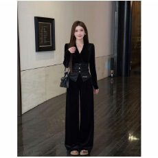 批发奢宠主角雾中芭蕾V领<b class='q'>丝绒</b>拼接纽扣显瘦上衣直筒加绒裤<b class='q'>套装</b>