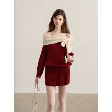 批发羊城故事 红色圣诞穿搭一字肩蝴蝶结长袖针织<b class='q'>连衣裙</b>女冬露肩短裙