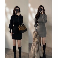 批发大婷婷复古冬季灯笼袖半高领<b class='q'>连衣裙</b>秋冬裙子褶皱收腰短裙