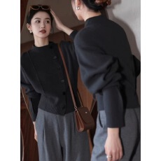 批发深灰色半高领<b class='q'>不规则</b>针织<b class='q'>开衫</b>女冬季2025新款时尚保暖毛衣