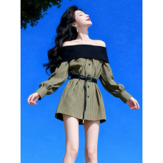 批发小个子气质一字肩长袖衬衫<b class='q'>连衣裙</b>2春季新款时尚条纹漂亮短裙女