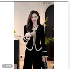 批发YUANLIANSU/圆脸酥绮梦干年秋冬新中式国风黑色盘扣<b class='q'>丝绒</b><b class='q'>套装</b>
