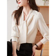 批发新款 气质优雅 醋酸法式飘带蝴蝶结<b class='q'>长袖</b>衬衫上衣女