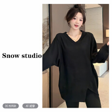 批发秋冬新款百搭加绒磨毛V领长袖<b class='q'>不规则</b>开叉打底衫T恤宽松内搭上衣女