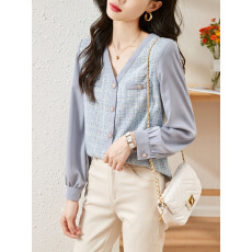 批发春季新款法式小香风V领<b class='q'>长袖</b>衬衫气质轻熟拼接显瘦上衣女士薄