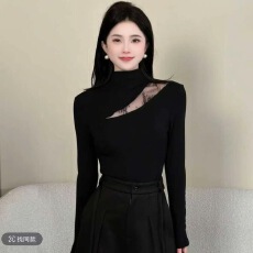 批发新款<b class='q'>网纱</b>拼接长袖T恤女设计感加绒加厚打底衫