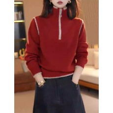 批发红色撞色高领长袖针织衫女秋冬2025<b class='q'>新款</b>洋气慵懒显瘦毛衣内搭上衣