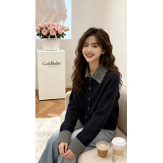 批发韩版宽松显瘦设计感条纹POLO领针织衫<b class='q'>女长袖</b>新款上衣