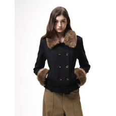 批发羊毛复古可拆卸毛领双排扣收腰毛呢外套