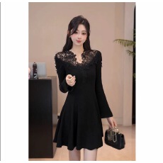 批发YUANLIANSU/圆脸酥岁寒三友千金风气质蕾丝<b class='q'>拼接</b>V领<b class='q'>连衣裙</b>秋季女