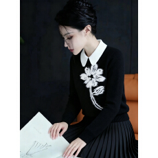 批发<b class='q'>轻熟</b>风撞色翻领花朵刺绣针织衫女秋冬2025新款修身显瘦黑色上衣潮