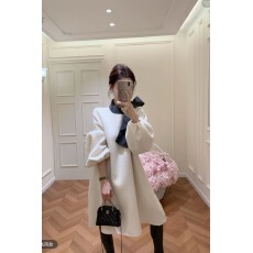 批发韩系黑白撞色蝴蝶结毛呢连衣裙秋冬季富家千金赫本风设计感中长款